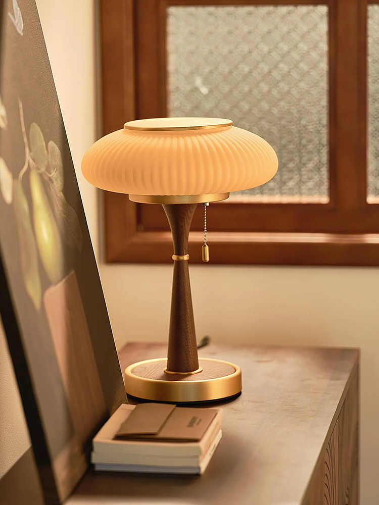 Vintage Walnut Table Lamp with White Glass Shade, Pull Chain Retro LED Accent Light for Bedroom, Living Room, Study