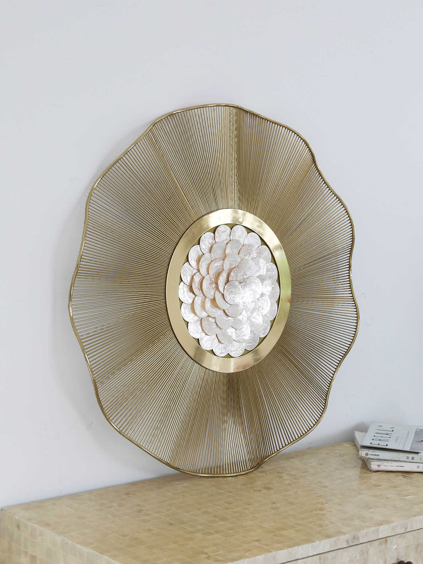 Luxury Shell Wall Decor, Gold Metal Floral Wall Art for Living Room, Bedroom, Entryway – 3D Capiz Shell Statement Hanging