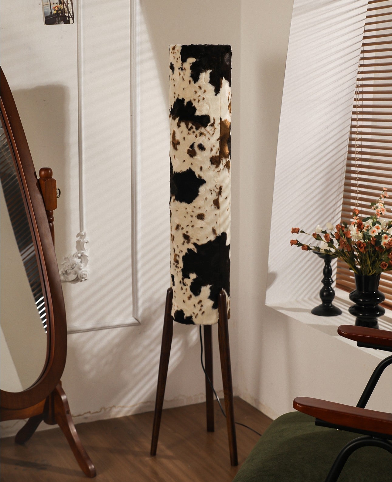 Retro Faux Cowhide Floor Lamp, Vintage Walnut Base Standing Light, Designer Plush Fabric Shade for Living Room, Sofa Side, Bedroom Ambiance
