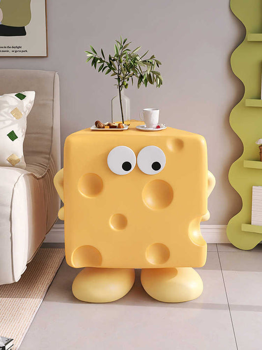 Cute Cheese Block Coffee Table, Instagram-Style Cartoon Side Table with Googly Eyes, Cream Aesthetic Nightstand for Kids Room, Living Room