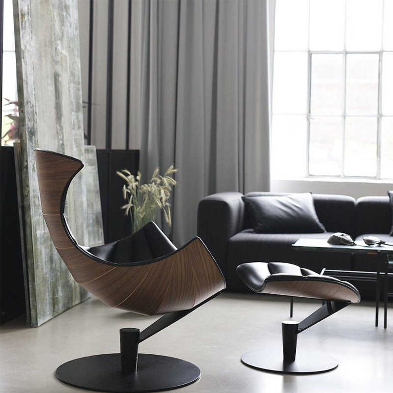 Premium Designer Lobster Lounge Chair – Sculptural Walnut Shell with Black Leather Upholstery, Contemporary Statement Furniture with Ottoman Set