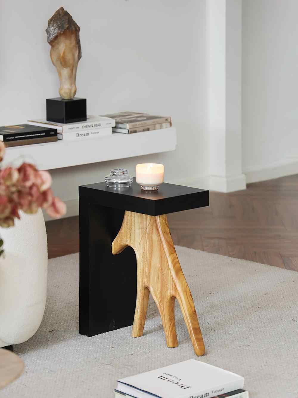 Designer Antler Coffee Side Table – Modern Wood Art Furniture with Black Top, Moveable Living Room Accent Table