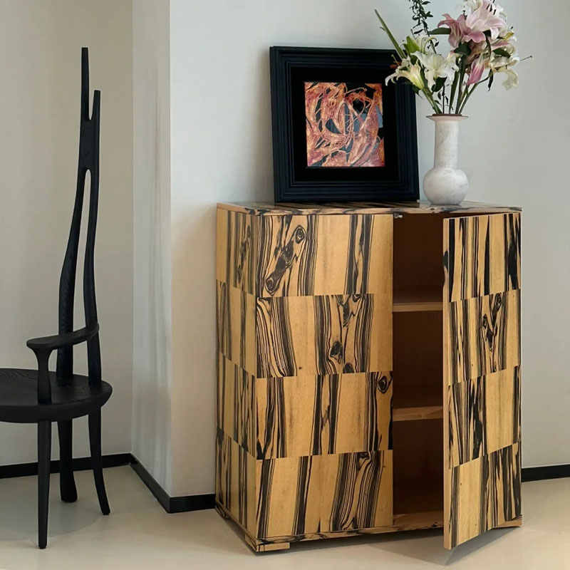 Mid-Century Vintage Patchwork Wood Sideboard, Designer Small Space Entryway Storage Cabinet, Retro Living Room Console