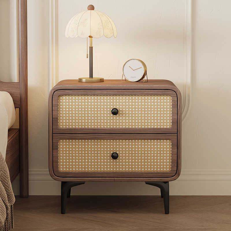 Mid-Century Modern Rattan Nightstand – Solid Wood & Woven Cane Two-Drawer Bedside Cabinet, Contemporary Scandinavian Bedroom Storage Furniture
