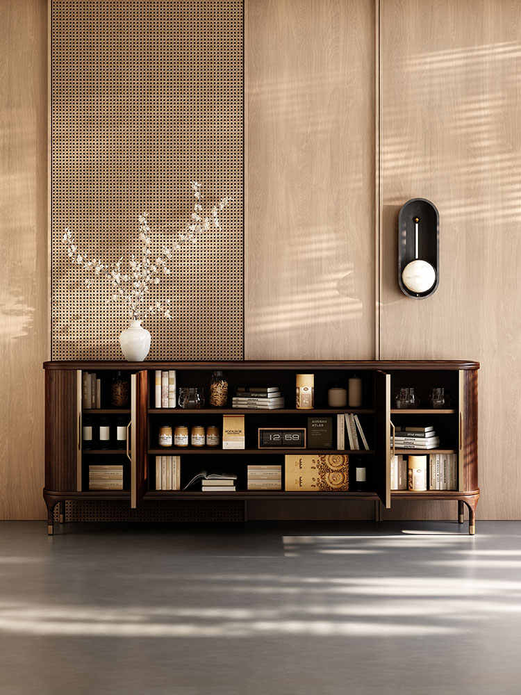 Vintage Walnut Sideboard Buffet – Retro Solid Wood Entryway Storage Cabinet for Living Room, Luxury Home Villa
