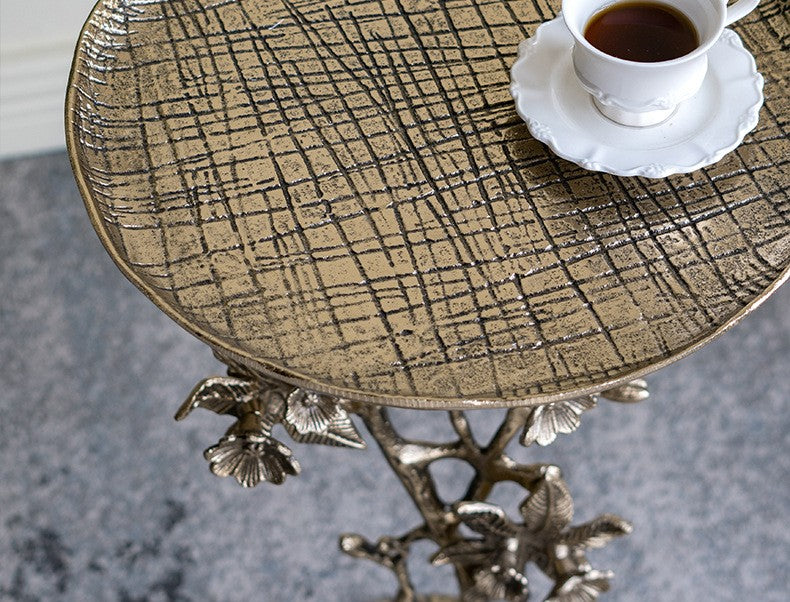 Crystal Petal Flower Accent Table, Luxury Vintage Gold Floral End Table for Living Room, Bedroom, Balcony
