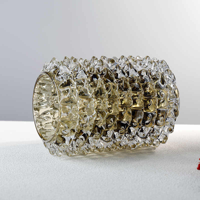 Luxury Stacked Crystal Glass Vase, Artistic Amber Textured Flower Vessel with Geometric Layers, Modern Living Room Entryway Decor