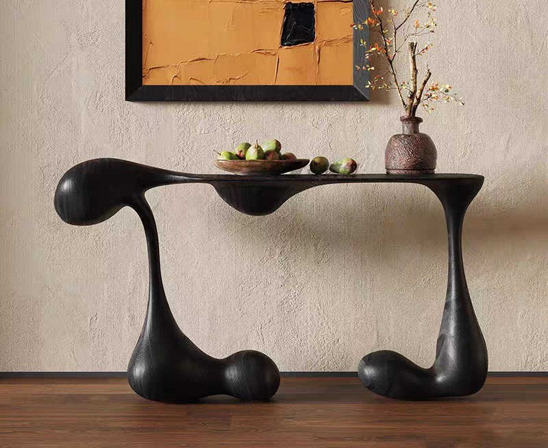 Sculptural Fiberglass Console Table – Black Muscle-Inspired Base with Glass Top, Designer Entry Table for Luxury Hotels and Modern Homes