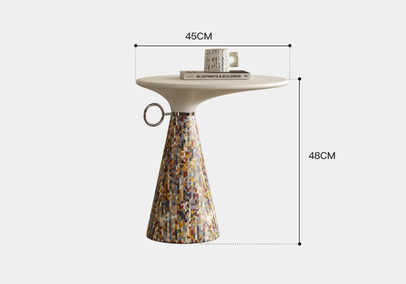 Patent Design Italian Minimalist Rainbow Accent Table – Contemporary Mosaic Pedestal with Sculptural Form & Chrome Ring Detail