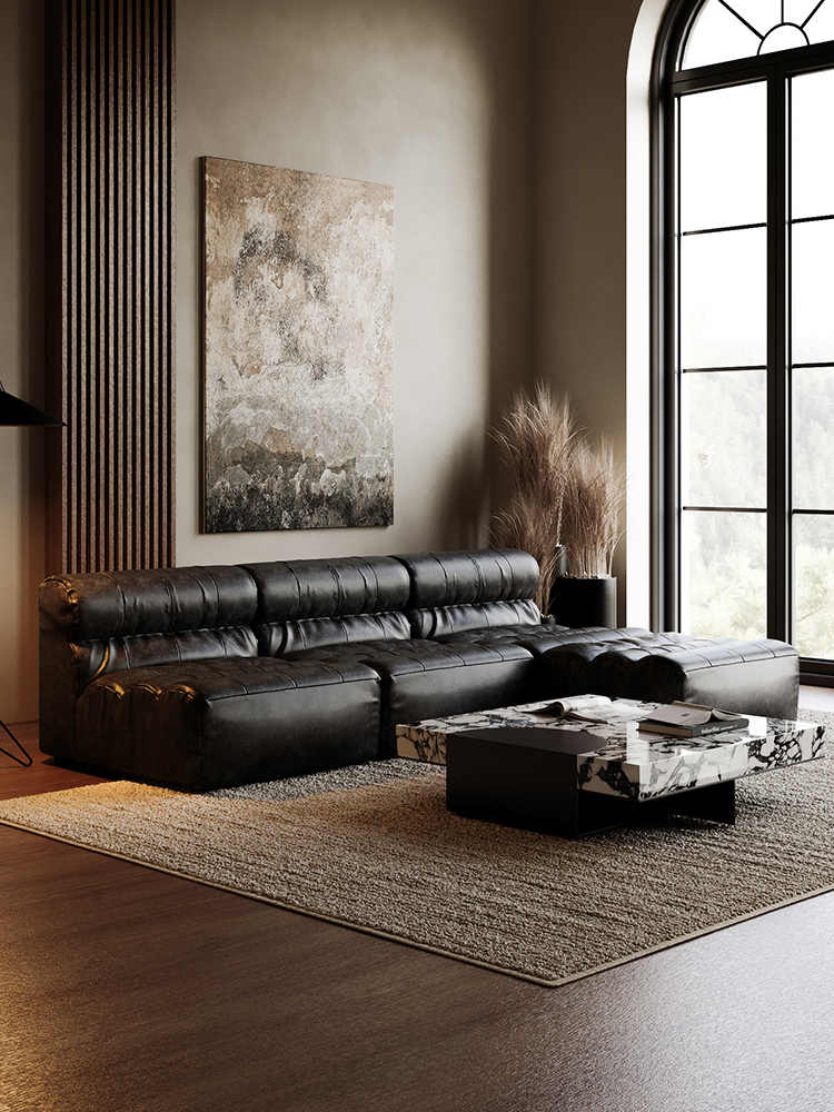 Vintage Modular Armless Leather Chaise Sofa Set – Retro Modern Sectional for Small Apartment Living Room, Tufted Lounge