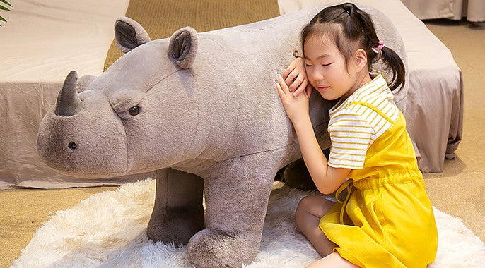 Large Rideable Realistic Rhino Plush Toy – Jumbo Stuffed Animal Model for Kids, Room Decor, Photo Prop, Birthday Gift, Sofa-Style Doll