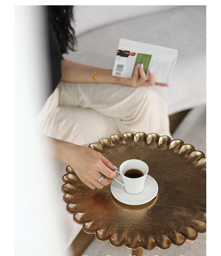 Aluminum Sunflower Side Table, Scalloped Edge Accent Table from India, Luxury Round Tea Table with Floral Design