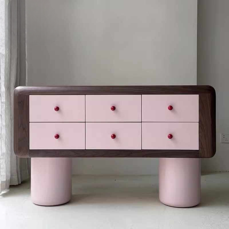 Pink Lacquer Artistic Console Cabinet, Modern Minimalist Entryway Sideboard, 6-Drawer Storage Dresser