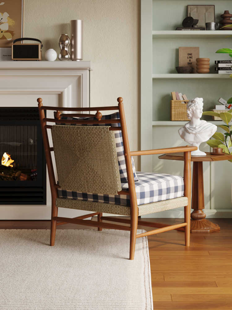 Vintage Plaid Wooden Armchair – Designer Checkered Accent Sofa for Living Room, Homestay, or Study