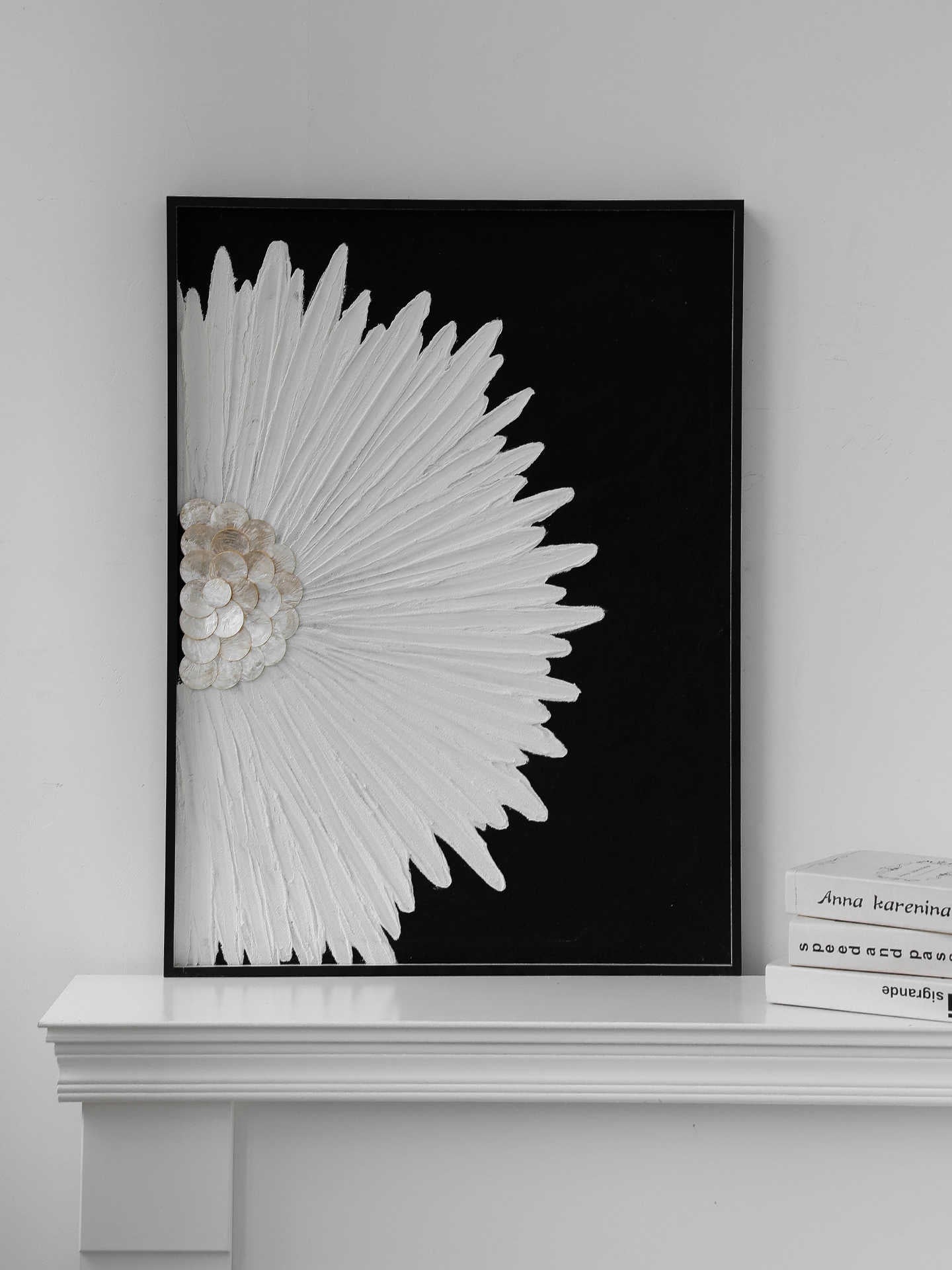 Oriental Flower Wall Art, Modern Black Frame Artistic Raised Texture Painting for Living Room & Entryway