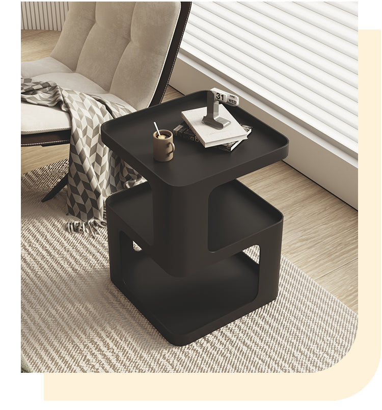 Modern S-Shaped Side Table with Triple Storage Levels, Contemporary Black Nightstand with Geometric Design, Minimalist Living Room Accent Table