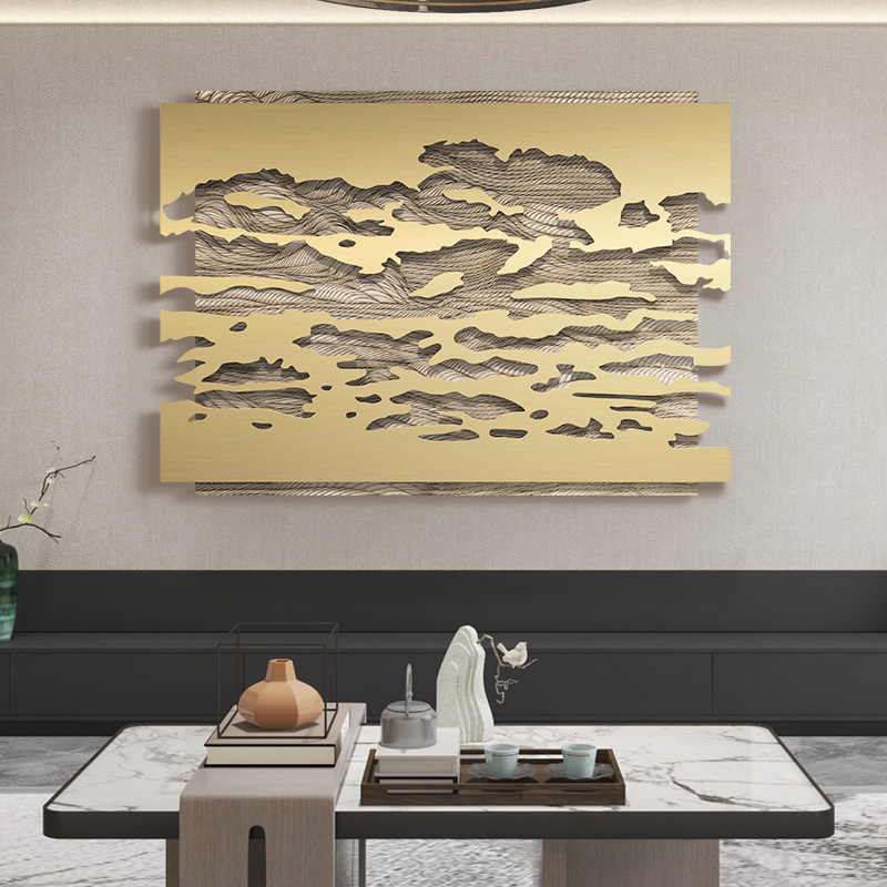Modern Luxury Metal Carved Wall Art, 3D Relief Sandstone & Stainless Steel Large Hollow Decorative Painting, Frameless for Lobby, Hotel, Sales Office
