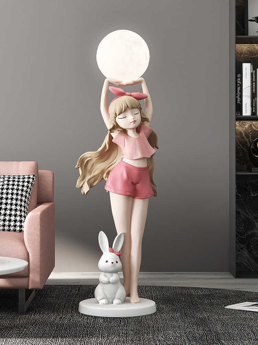 Large Girl and Bunny Moon Floor Lamp – Pink Resin Sculpture for Living Room, Sofa Side, Foyer, or New Home Gift