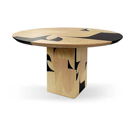 Minimalist Designer Irregular Wood Veneer Round Dining Table, Mid-Century Modern Artistic Solid Wood Table with Sculptural Base