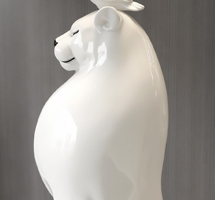 Luxury Giant Bear Floor Sculpture with Bird – White Ceramic Large Statement Piece, Contemporary Animal Art for Entryway & Living Room