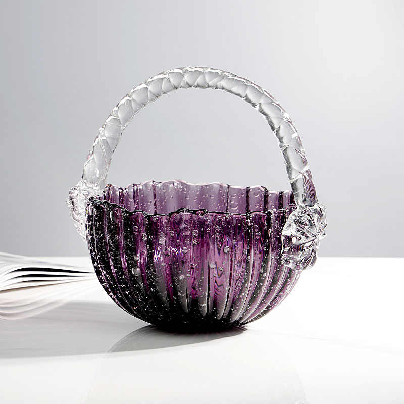 Creative Purple Bubble Glass Fruit Basket with Handle, Luxury Ribbed Crystal Serving Bowl for Living Room Storage, Decorative Art Craft Piece