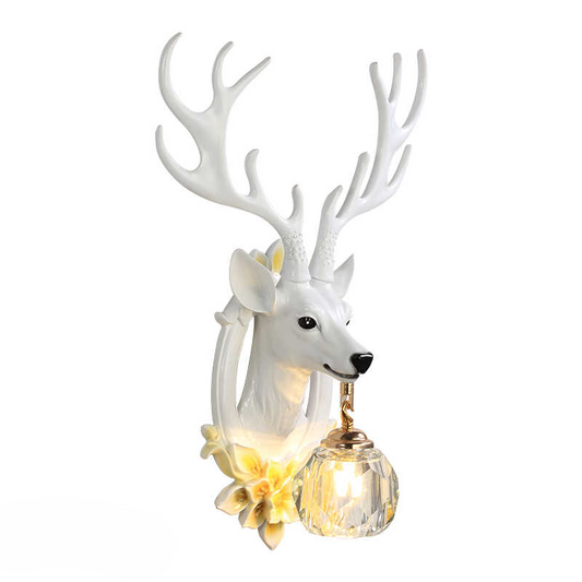 White Deer Head Wall Sconce – Modern Resin Antler Wall Lamp with K9 Crystal Shade for Living Room, Bedroom, and Statement Walls