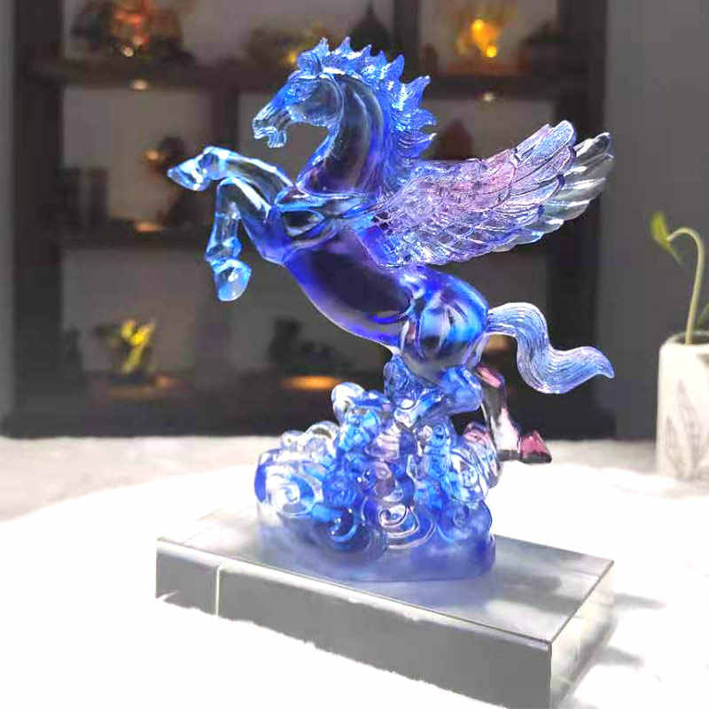 Luxury Blue Crystal Pegasus Figurine, Winged Horse Art Sculpture for Living Room and Office Decor, Large Modern Glass Collectible
