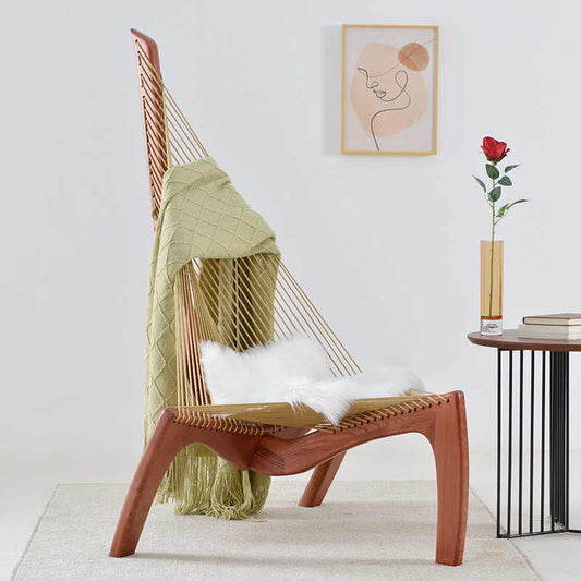 Contemporary Harp Chair – Artistic String Suspension Lounge Chair with Solid Wood Frame, Nordic Minimalist Designer Furniture