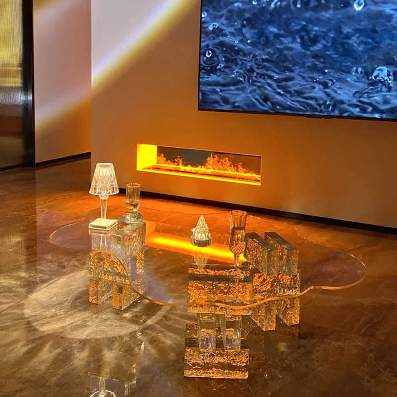 Modern Cloud-Shaped Acrylic & Glass Coffee Table, Artistic Three-Leg Base, Luxury Living Room Center Table