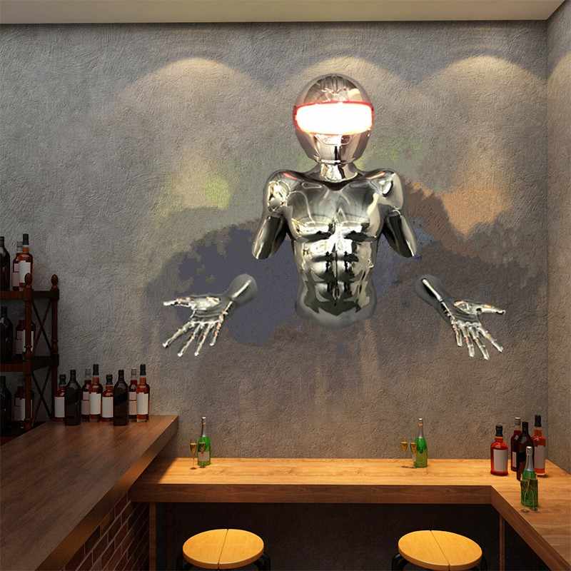 AI Cyborg Figure Wall Art with LED Lighting – Chrome Humanoid Sculpture for Bar, KTV & Restaurant Opening Decor