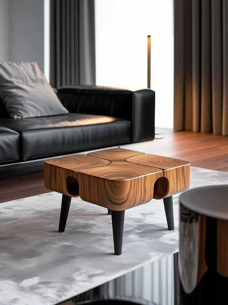 Nordic Solid Wood Square Coffee Table with Oval Cutouts – Modern Minimalist Living Room Accent Table, Natural Wood Grain End Table with Black Legs for Small Spaces