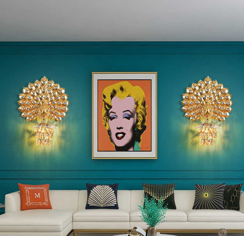 Luxury Gold Peacock Feather Wall Sconce – Crystal Wired Resin Accent Light for Living Room, Bedroom, and Statement Walls