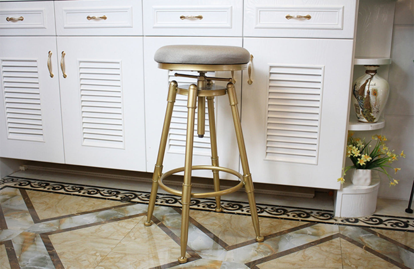 Modern Gold Adjustable Bar Stool – Industrial Swivel High Stool with Linen Soft Seat, No Backrest, Iron Bar Height Chair for Kitchen, Home Bar, Counter
