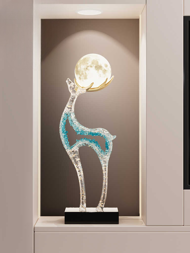 Wealth-Attracting Crystal Deer Entryway Sculpture with Moon Lamp, Luxury Blue Transparent Deer Art Light, High Vertical Niche/Console Decor, Housewarming Gift