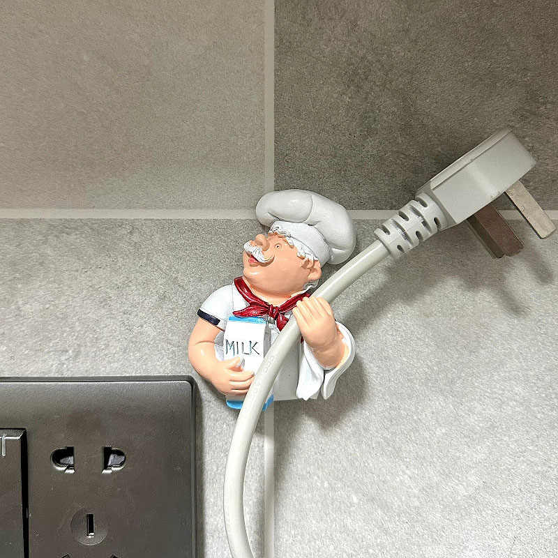 Cute Cartoon Chef Power Cord Organizer Hooks, Resin Kitchen Wall Hooks Set, Bread & Milk Design Cable Management