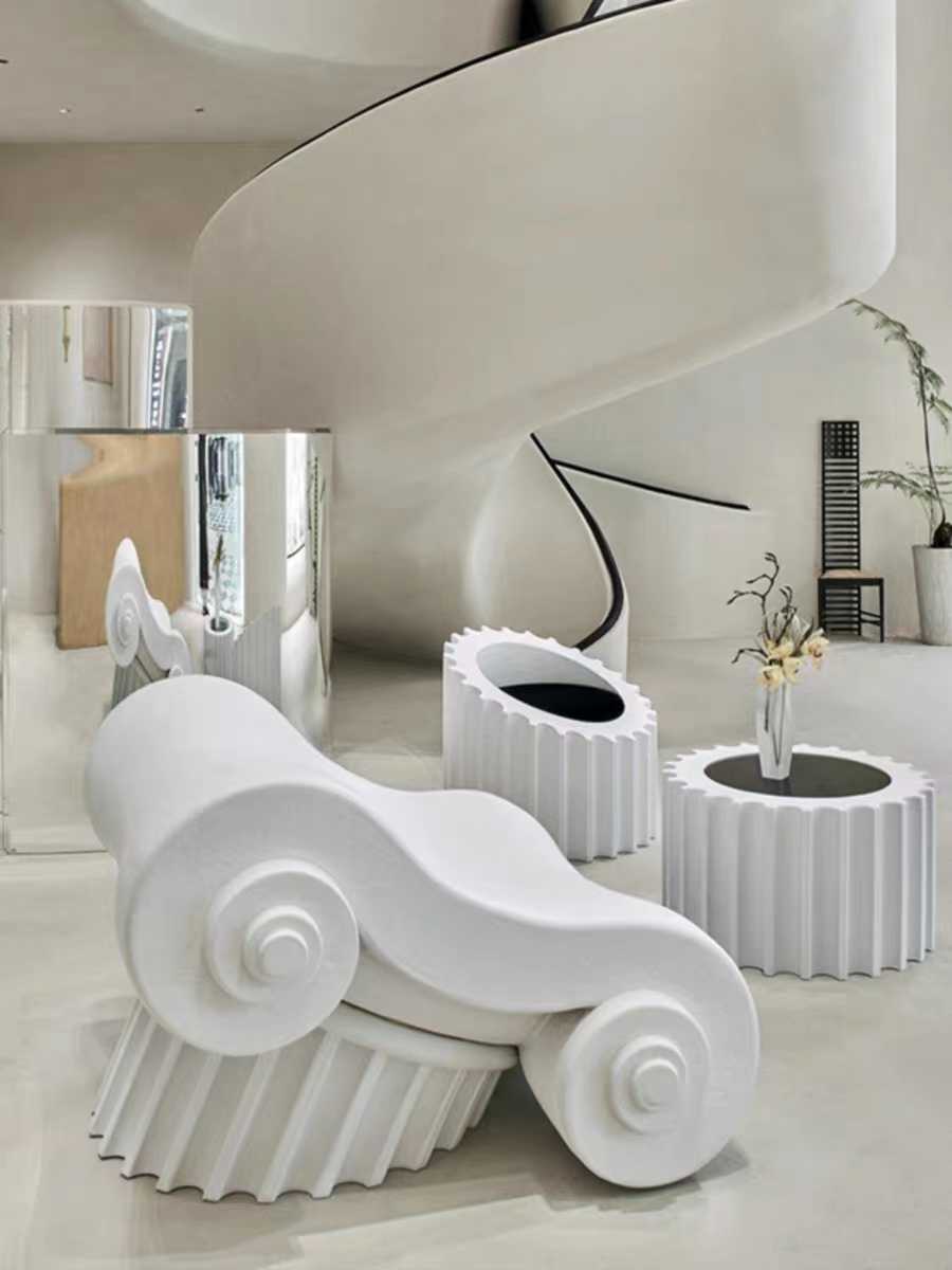 Designer Roman Column Lounge Chair – Contemporary Fiberglass Sculptural Outdoor Seating with Classical Architecture Inspiration