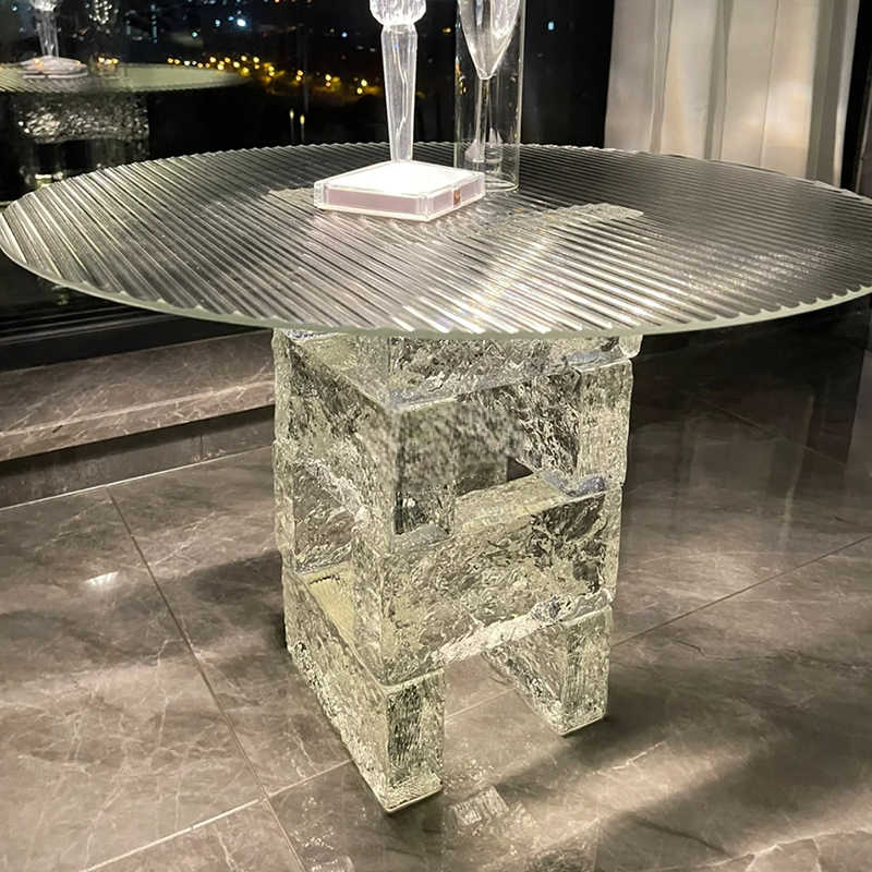 Modern Round Ribbed Glass & Acrylic Side Table, Luxury Transparent Accent for Living Room, Bar, or B&B, 8-Block Base