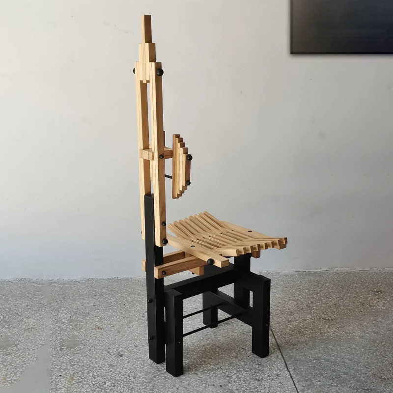 Postmodern Creative Block Chair, Sculptural Architectural Wood & Metal Accent Armchair – Designer Minimal Sample Room Statement Seat
