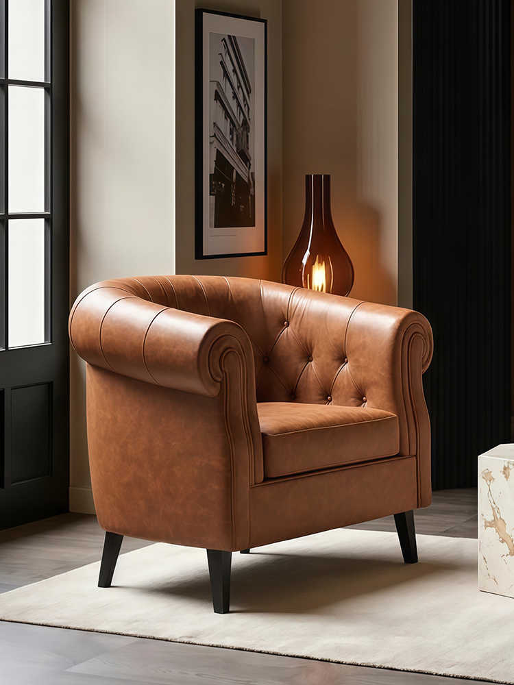 Vintage Leather Club Chair – Retro Chesterfield Single Armchair for Living Room, Bedroom & Home Office, Tufted Barrel Accent