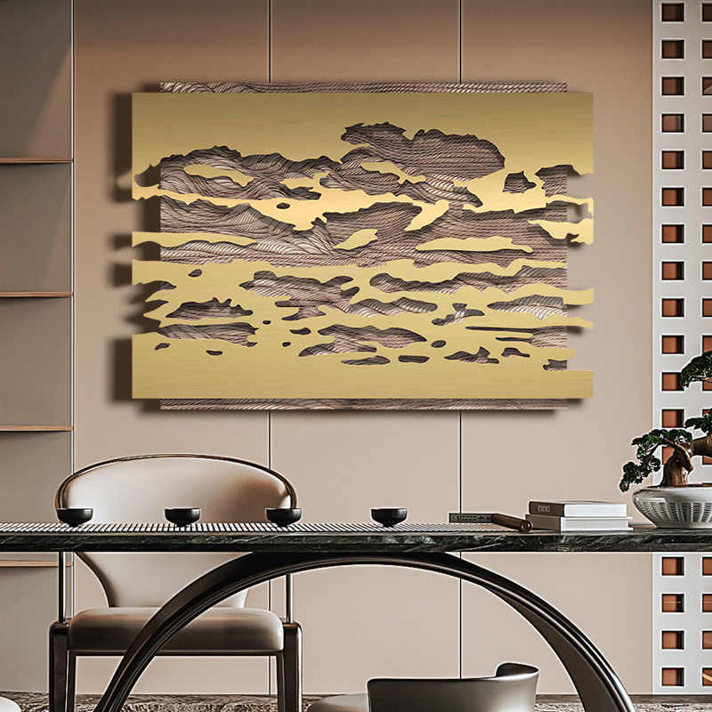 Modern Luxury Metal Carved Wall Art, 3D Relief Sandstone & Stainless Steel Large Hollow Decorative Painting, Frameless for Lobby, Hotel, Sales Office