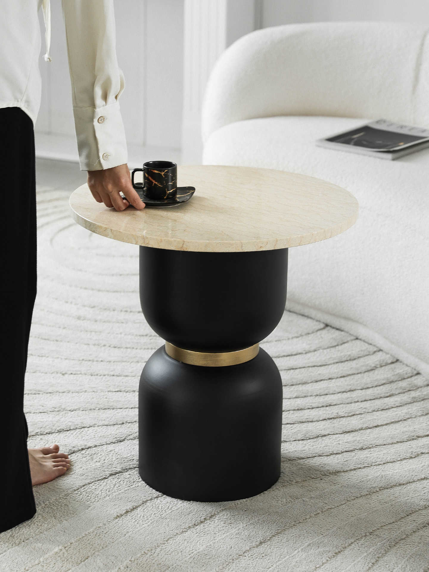 Modern Marble Side Table, Round Beige Stone & Black Gold Metal Accent Table for Living Room, Sofa & Bedroom