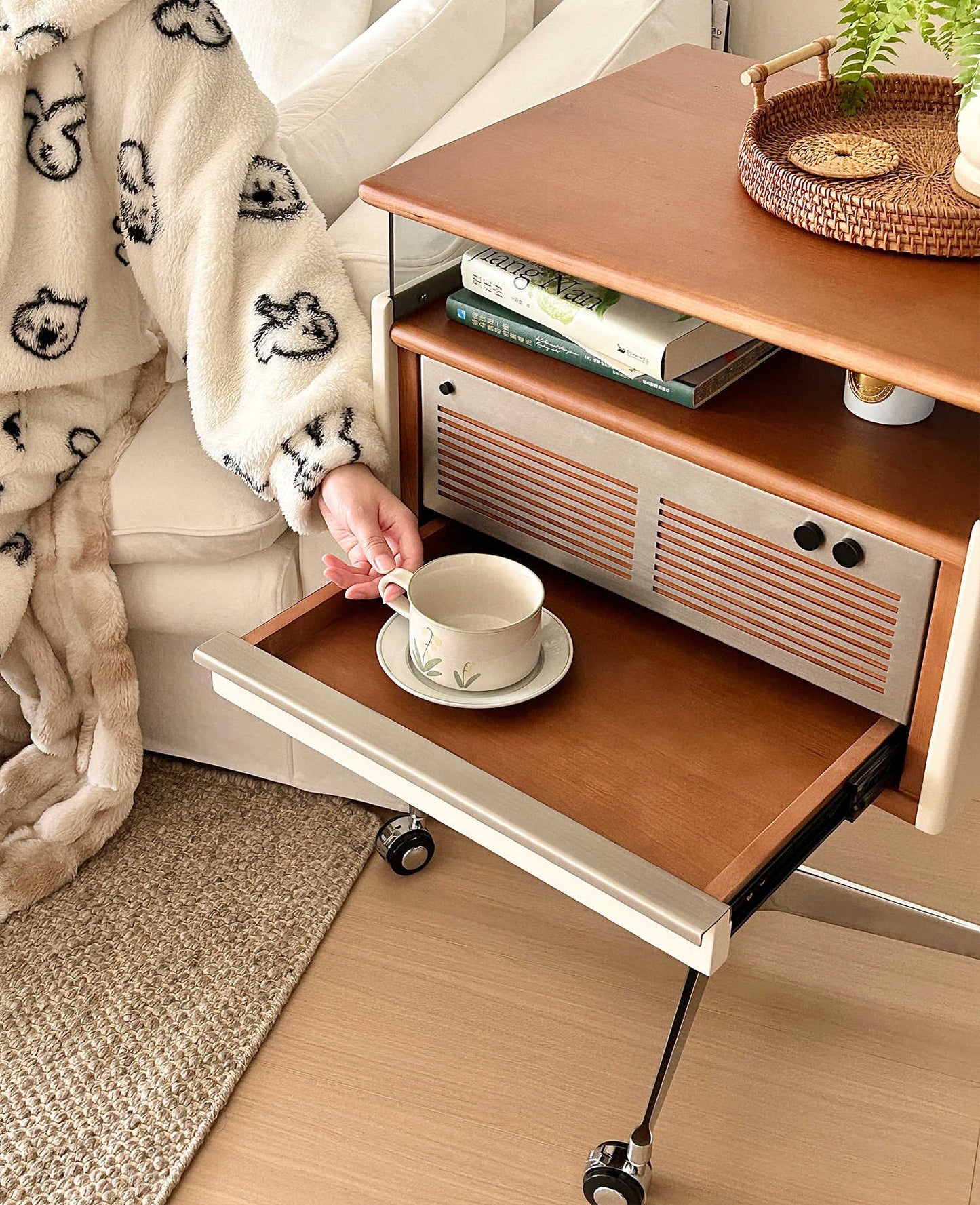 Vintage Rotating Adjustable Side Table on Wheels, TIGO Retro Mobile Nightstand Bedside Cabinet with Storage, Mid-Century Sofa End Table