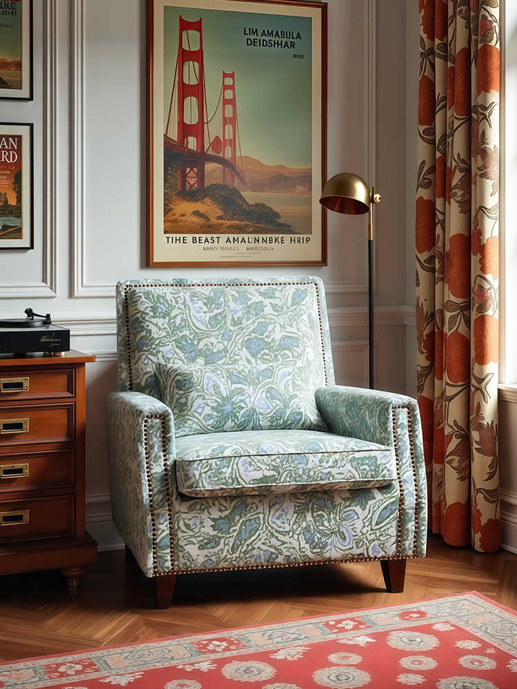 Vintage Tiger Armchair – Retro Lounge Single Sofa for Living Room, Balcony, Study, & Bedroom, Blue Floral Upholstery