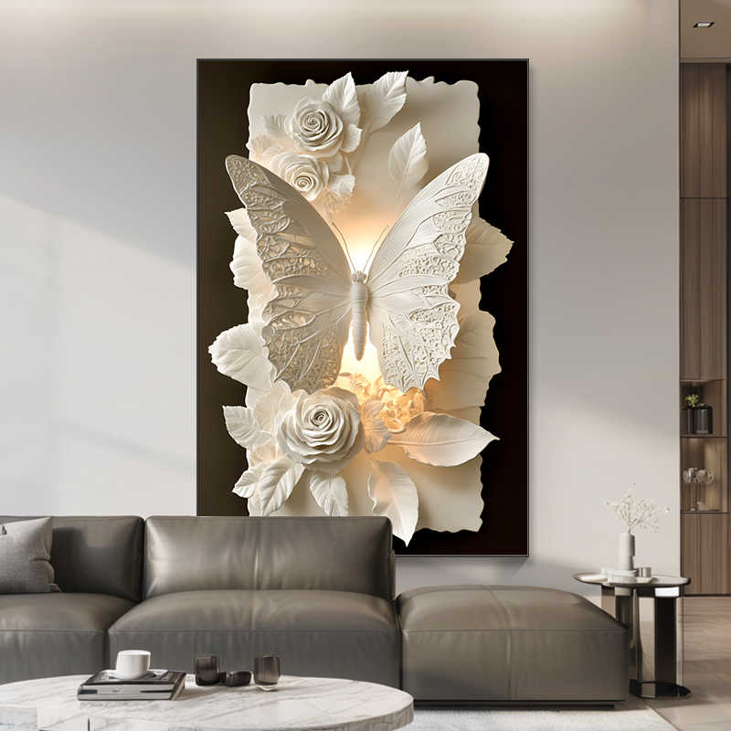 Luxury Butterfly 3D Ceramic Wall Art, Abstract Glass Texture Painting for Living Room, Sofa Background or Corridor, Large Floor Mural, Matte Black Frame