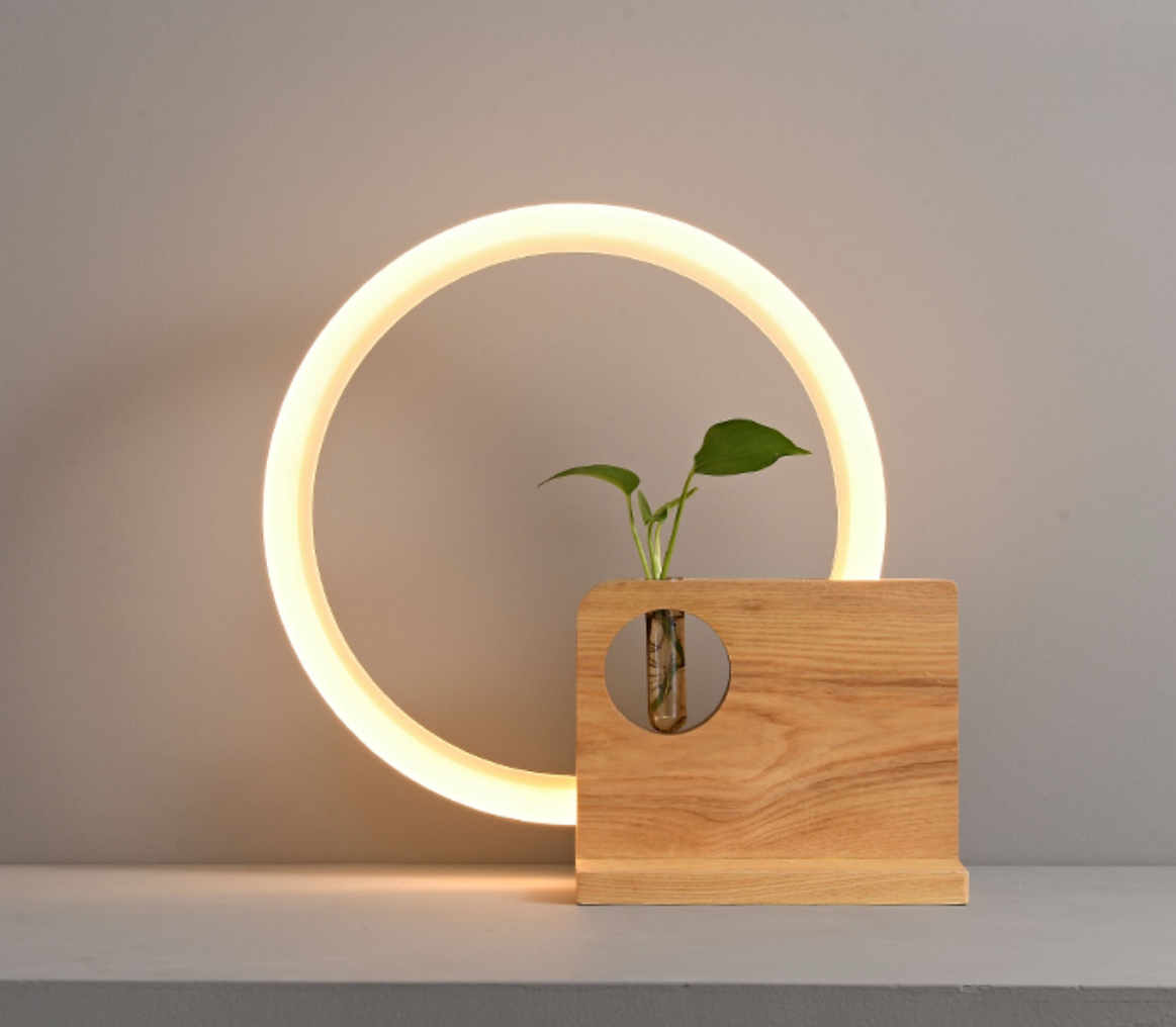 Modern Wooden Table Lamp with LED Ring, Minimalist Solid Wood Accent Light with Plant Holder, Decorative Desk Lamp for Living Room, Bedroom, Study