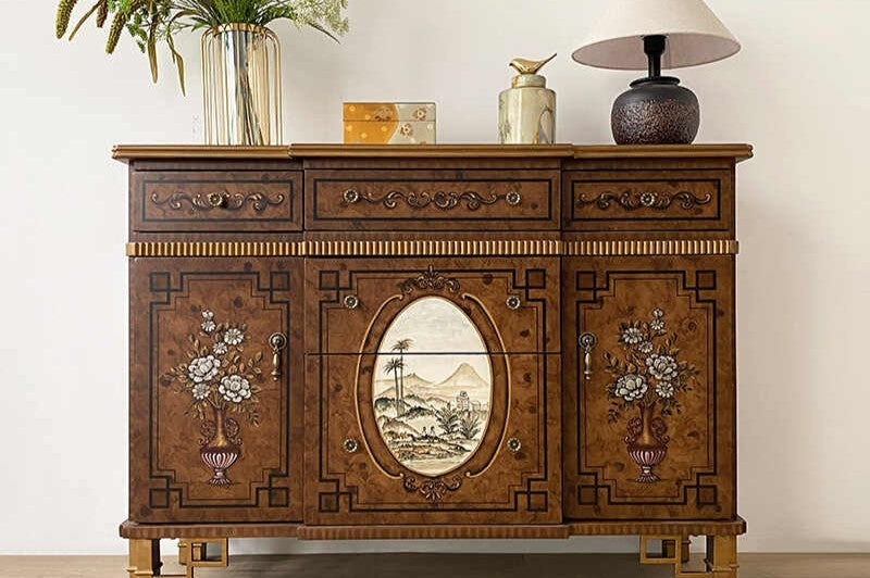 Neoclassical Hand-Painted Sideboard, Vintage Console with Carved Floral Panels, Luxury Entryway Storage Cabinet