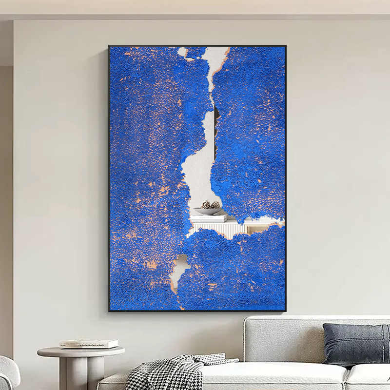 Modern Abstract Klein Blue Textured Wall Art, Mirror Stainless Steel Hand-Painted Relief, Black Aluminum Frame, Large Entryway & Sofa Background Decorative Painting