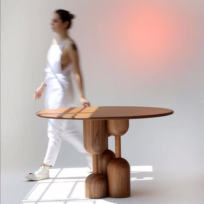 Natural Oak Designer Wabi-Sabi Round Dining Table – Artistic Modern Solid Wood Sculptural Accent, Custom Asymmetric Japanese Style Restaurant Table for Living Room or Sample Room