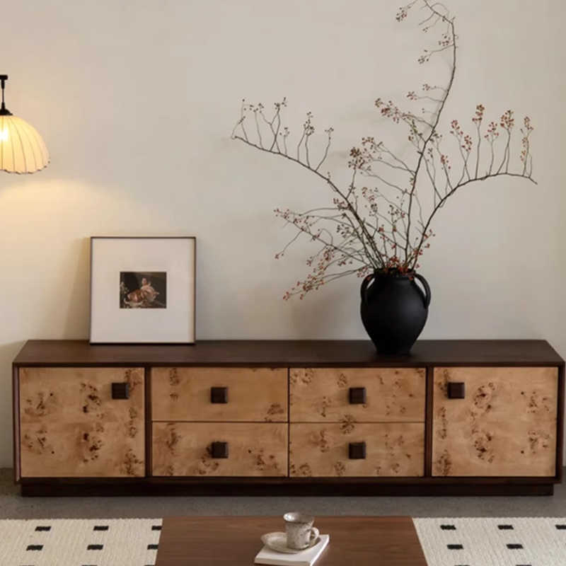 Nordic Burl Wood Media Console – Modern Minimalist Retro TV Stand, Designer Storage Cabinet for Living Room, Large Sideboard Buffet Credenza