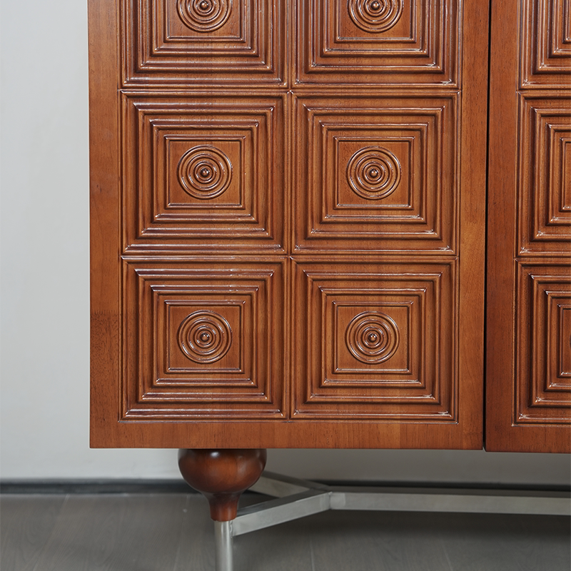 Mid-Century Traditional Carved Rosette Solid Wood Sideboard – Designer Three-Door Storage Cabinet with Relief Pattern, Premium Entryway Console for Living Room and Dining